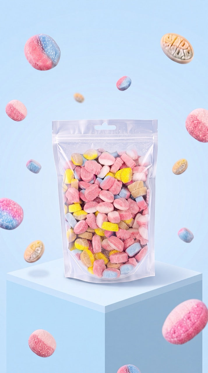 Pochon de bonbons mini bubs, bonbons pastels roses, jaunes et bleus