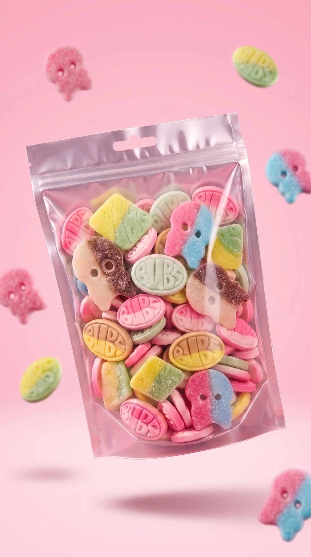 Assortiment Mix Bubs en sachet transparent, bonbons pastels en formes animales.