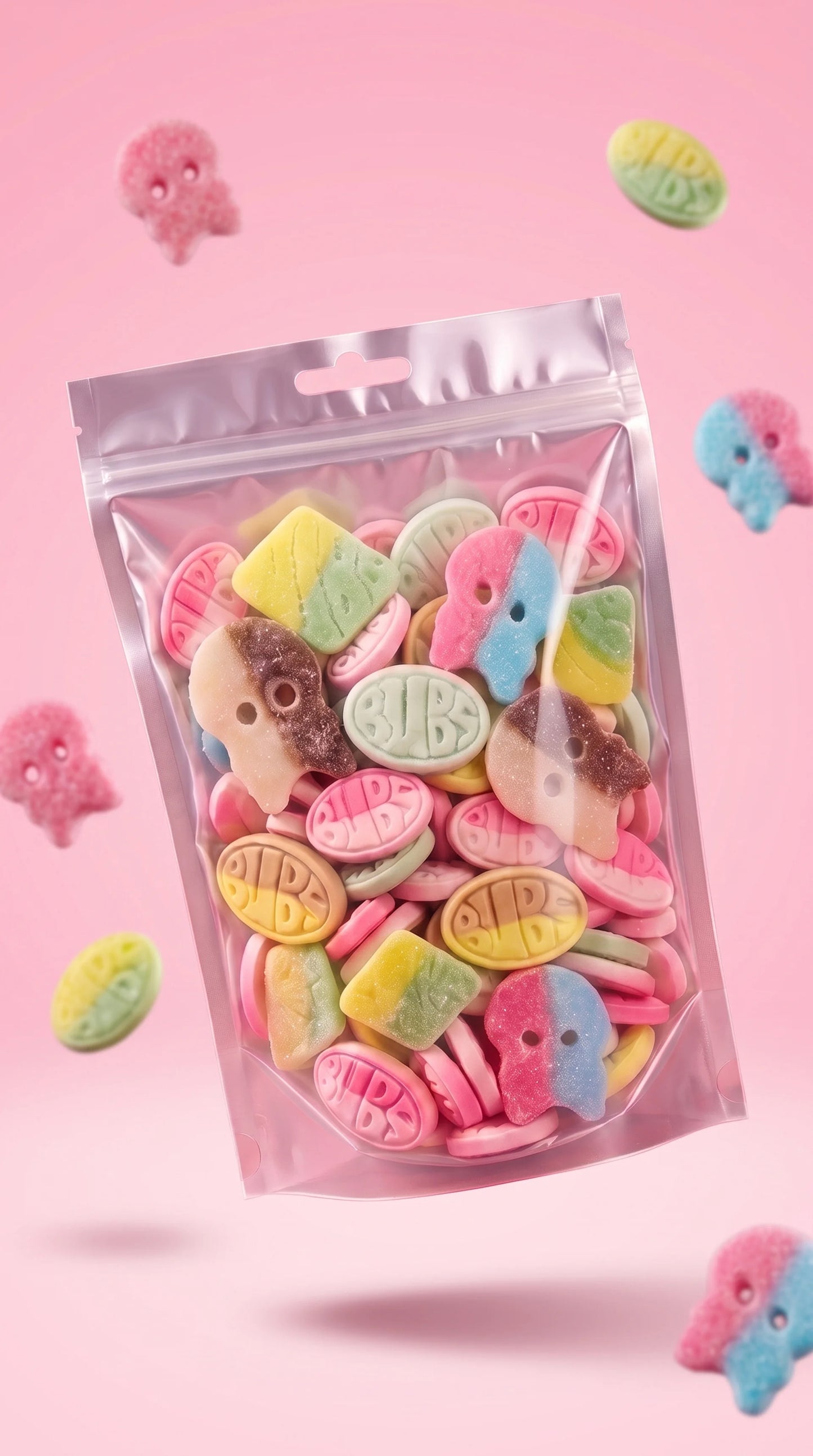 Assortiment Mix Bubs en sachet transparent, bonbons pastels en formes animales.